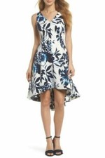 $168 Eliza J NAVY/IVORY High/Low Hem Floral Fit & Flare Dress size 4 BRAND NEW