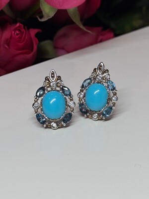 925 Sterling Silber Türkis, Aquamarin & Beryll Ohrringe Länge 1 Zoll