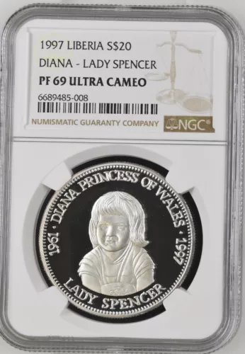 1997 LIBERIA SILVER 20 DOLLAR PROOF DIANA - LADY SPENCER - NGC PF 69 ULTRA CAMEO