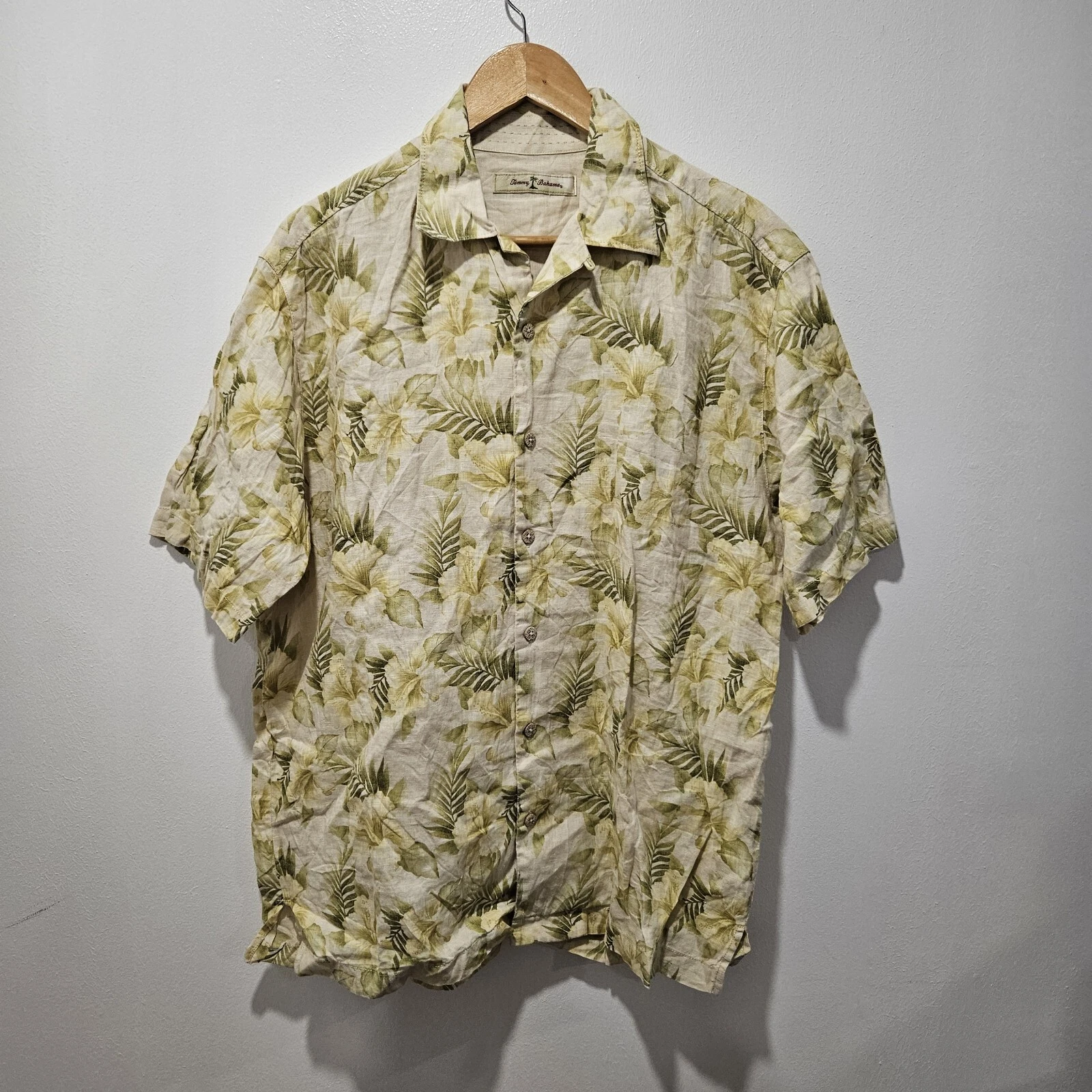 Tommy Bahama Yellow Hawaiian Shirt Mens Medium 100% Linen Floral Tropical