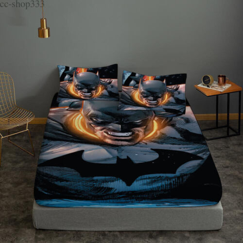 Batman Superheroes Bedding Set 3PCS Fitted Sheet Mattress Cover Two Pillowcases - Picture 1 of 16