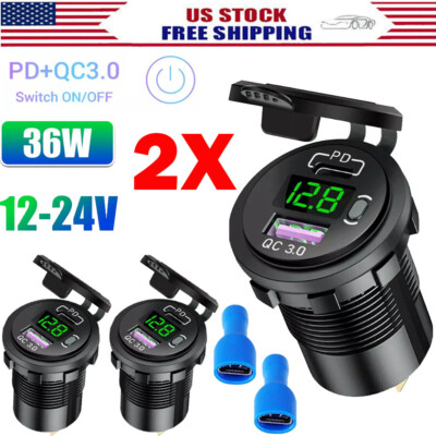 2PCS Green 12V QC3.0 Dual USB Car Fast Charger Sockets LED Voltmeter Waterproof