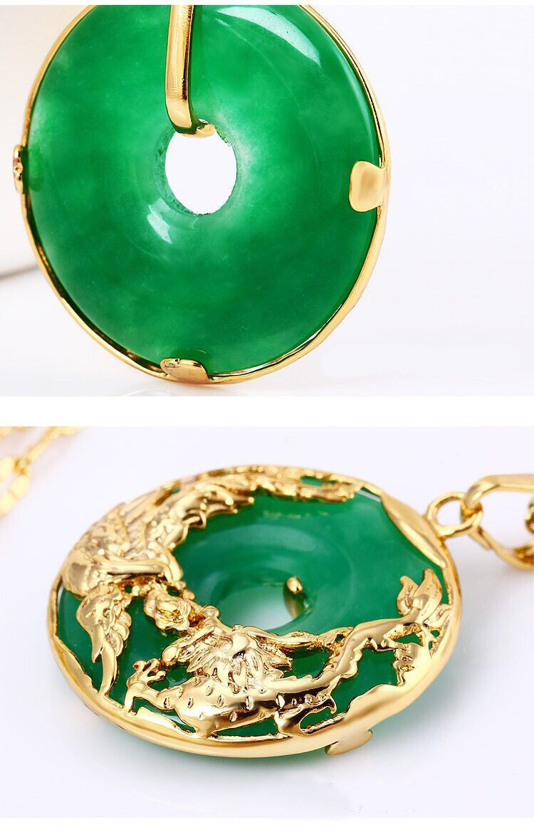 24K Gold Plated Dragon Phoenix Pendant Malaysia Jade Jewelry Chain