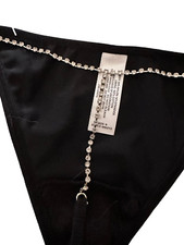 VINTAGE NWT Mervyns Y2K Jeweled Back Black Thong Panties 6 M Medium