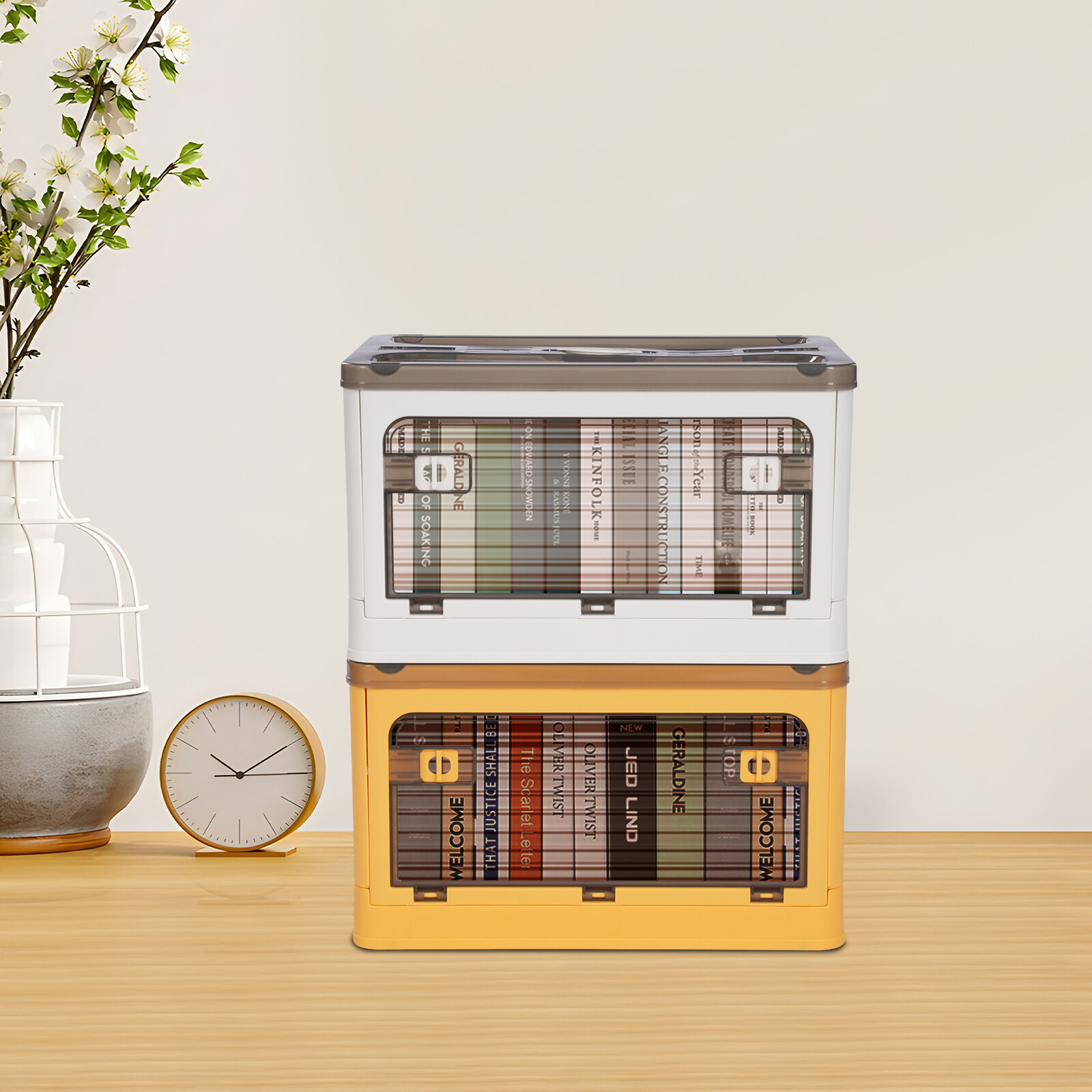 Foldable Stackable Storage Bin in Yellow and White  