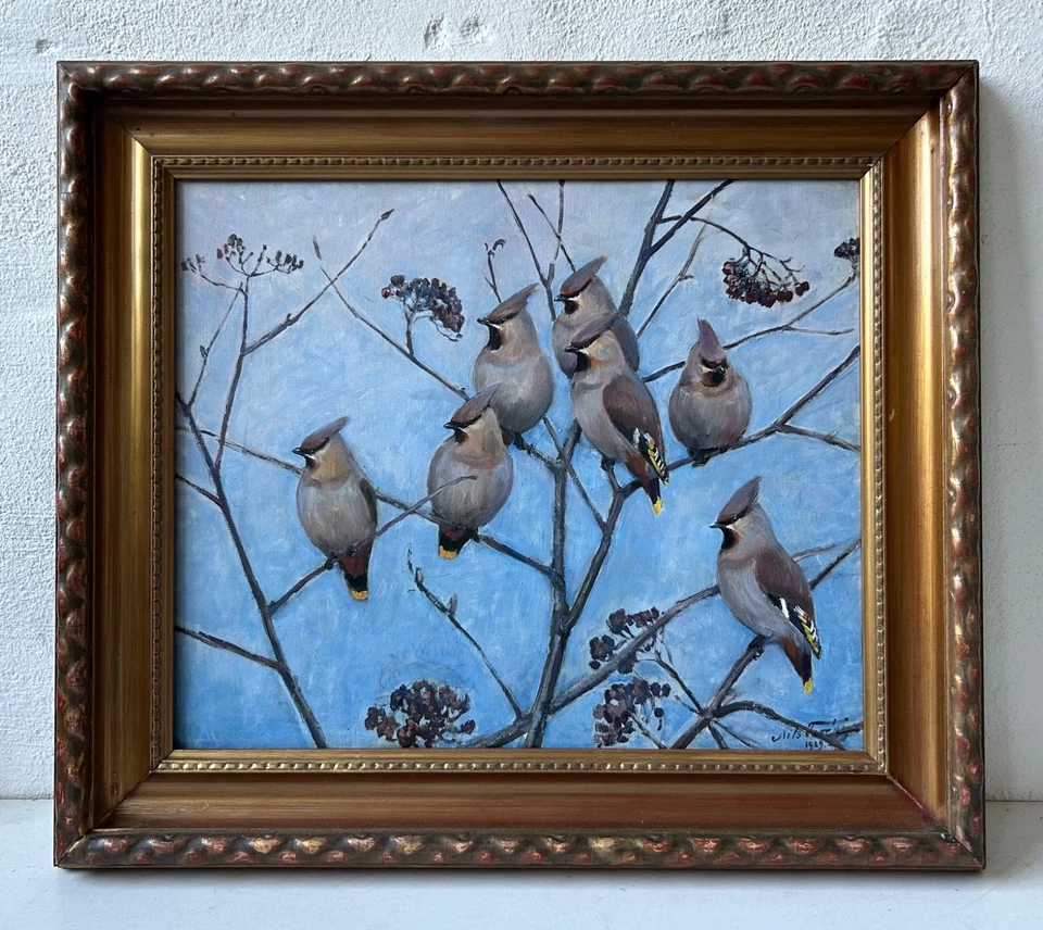 Ölbild 1929 Impressionist Ast mit Vögeln Bohemian Waxwing Seidenschwanz - Bild 1 von 4