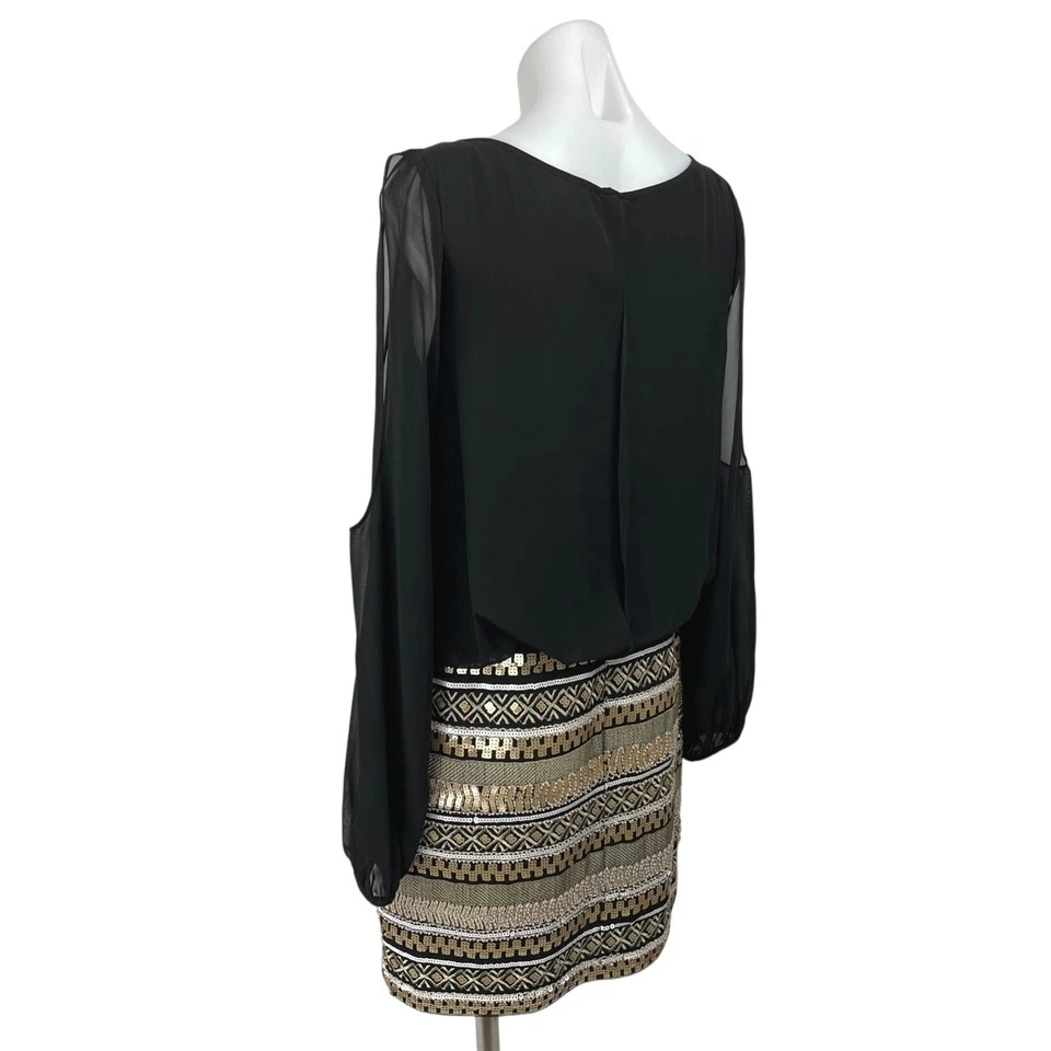 Mini Vestido Lápiz Aidan Mattox Negro Lentejuelas Metálico Manga Larga Hombro Frío 8 Foto 2 de 4