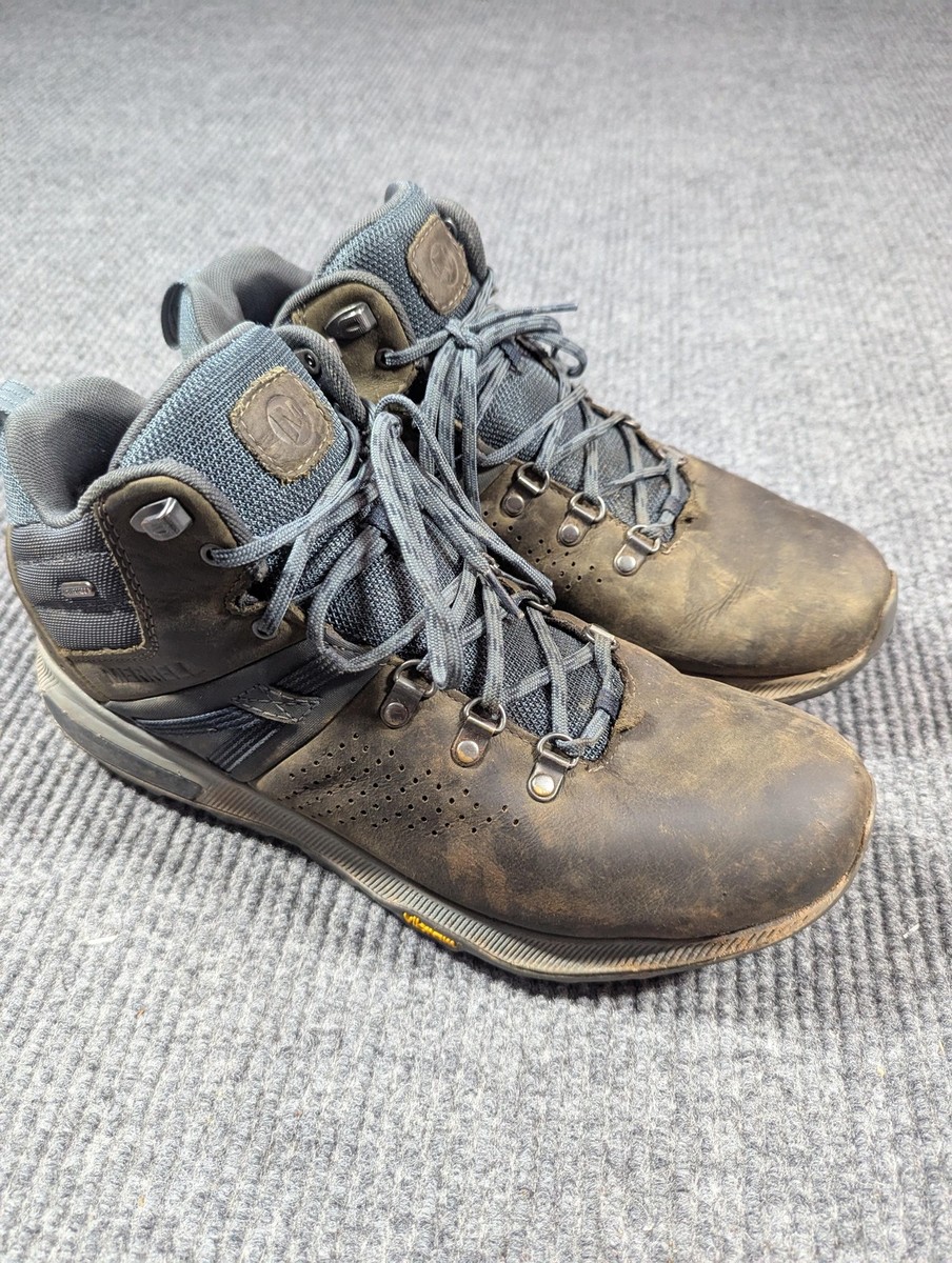 Merrell Zion Peak Hiking Boots Mens‎ Size 11.5 Leather Vibram Brown Lace J035361 Merrell Zion Peak Mid Brown Blue Waterproof | Mercari main image 4