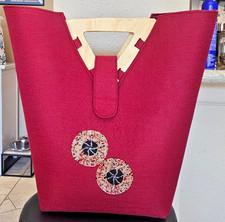 Vintage African Beaded Red Tote Bag Geometric Wooden Top Handles Tribal Boho