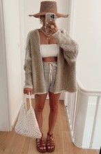 Women’s SADIE CONTRAST KNITTED CARDIGAN-STONE One Size Fits 8-14 UK BNWT