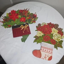 Pop Up 3D Christmas Cards - 2 Lot POINSETTIA FLOWER BASKET & STOCKING Tabletop