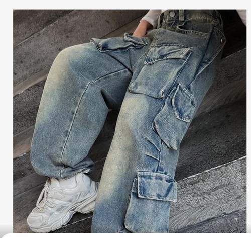 Girls Streetwear Denim Cargo Pants High Waist Floor Length Baggy Wide Leg Jeans - Picture 4 of 4