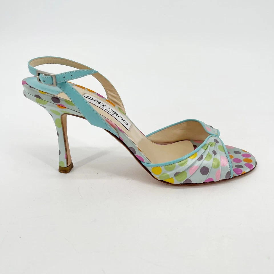 Vintage Y2K Jimmy Choo Multicolor Polka Dot Satin Slingback Peep Toe Heels IT 37 - Image 2 of 4