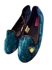 Betsey Johnson Slippers S 5-6 Teal Crushed Velvet Silver Heart NWT