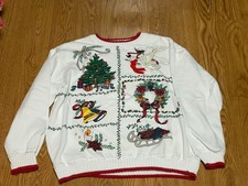 Vintage 80s Christmas Sweatshirt Holiday Ugly Sweater Cardinal Wreath Tree Bell