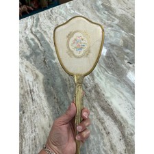 Vintage Gold Tone Hand Mirror Floral Embroidery Shield Shape Hollywood Regency Vintage Gold Tone Hand Mirror Floral Embroidery Shield Shape Hollywood Regency