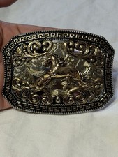 Western Americana Metal Belt Buckle Horse Motif Ornate Scroll Design