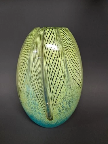Cristalleria Ann Murano Pulled Feather Art Glass Vase Blue Green