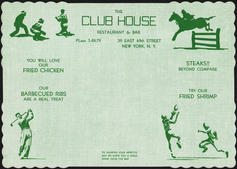 Vintage placemat THE CLUB HOUSE Restaurant and Bar sports pictures New York NY