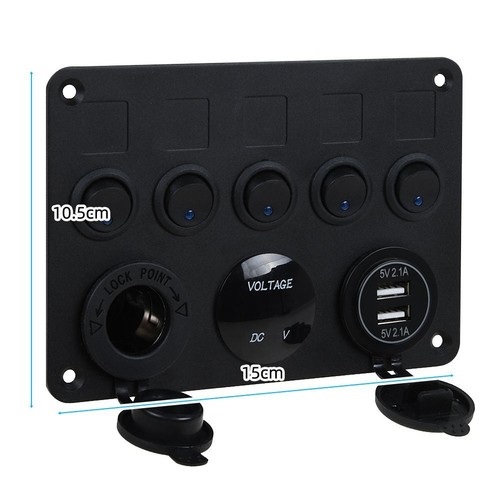5-Gang 12V/24V Inline Fuse Box LED Switch Panel Dual USB Car Boat Truck Camper - Picture 7 of 13