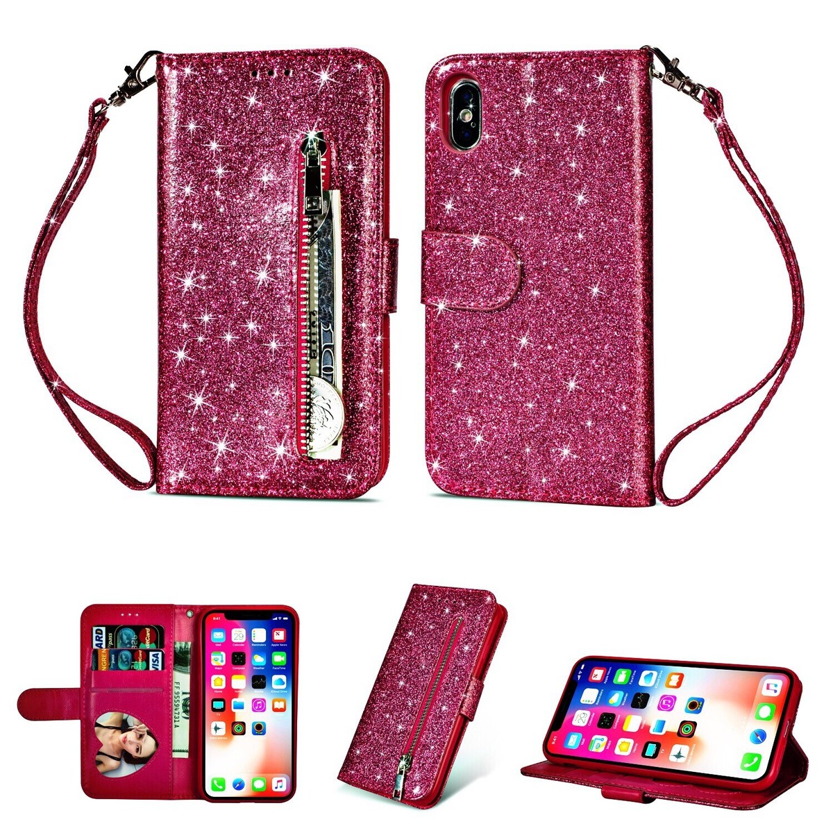 For iPhone 12/11 Pro Max XS XR 8 7 6 Bling Glitter Leather Wallet