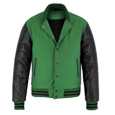 Letterman Baseball Varsity Bomber F.Green Wool Body&Black Leather Sleeves jacket