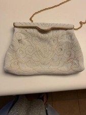 Vntg White Beaded Purse Made in France w/ Gold Chain Handle,Hinged Flap Closure