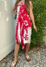 Hawaiian Pareo Sarong Red White Hibiscus Hawaiian Luau Cruise Beach Pool Dress