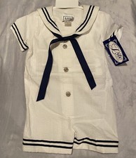 Kids Boys LITO Sailor Suit White Seersucker Outfit Romper Hat Set 2T NWT New