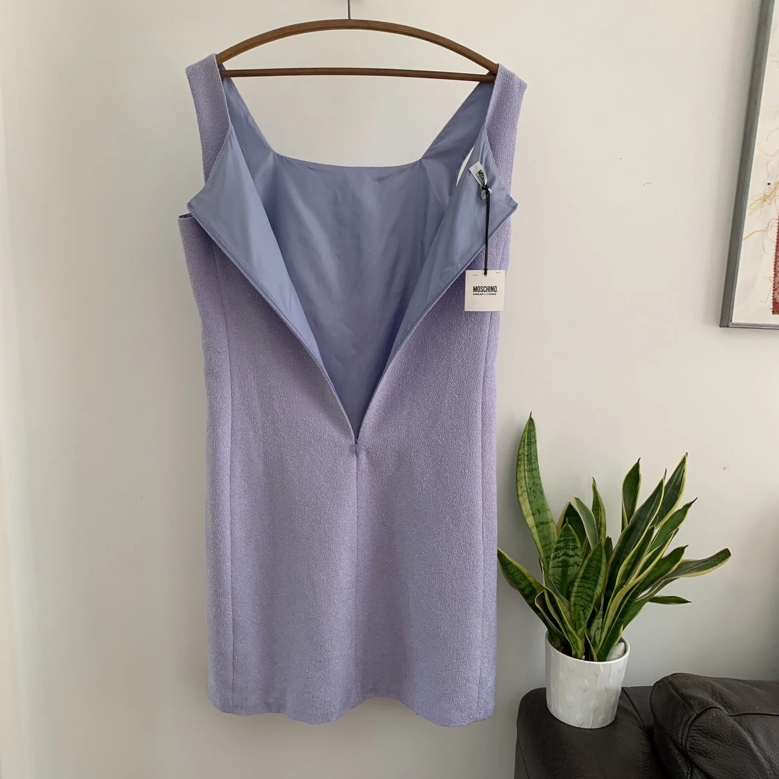 Moschino abito lilla economico chic boucle viola cambio quadrato UK 12 tasche IT44 10