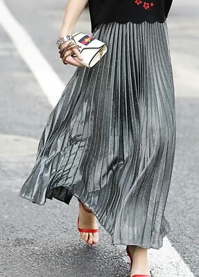 Flygo Women’s Metallic Pleated Maxi Skirt - Shiny, Swingy, Perfect For Parties (Multiple Colors)