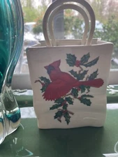 Hand Painted Vintage Lefton Shopping Bag Christmas Cardinal Red Bird Design