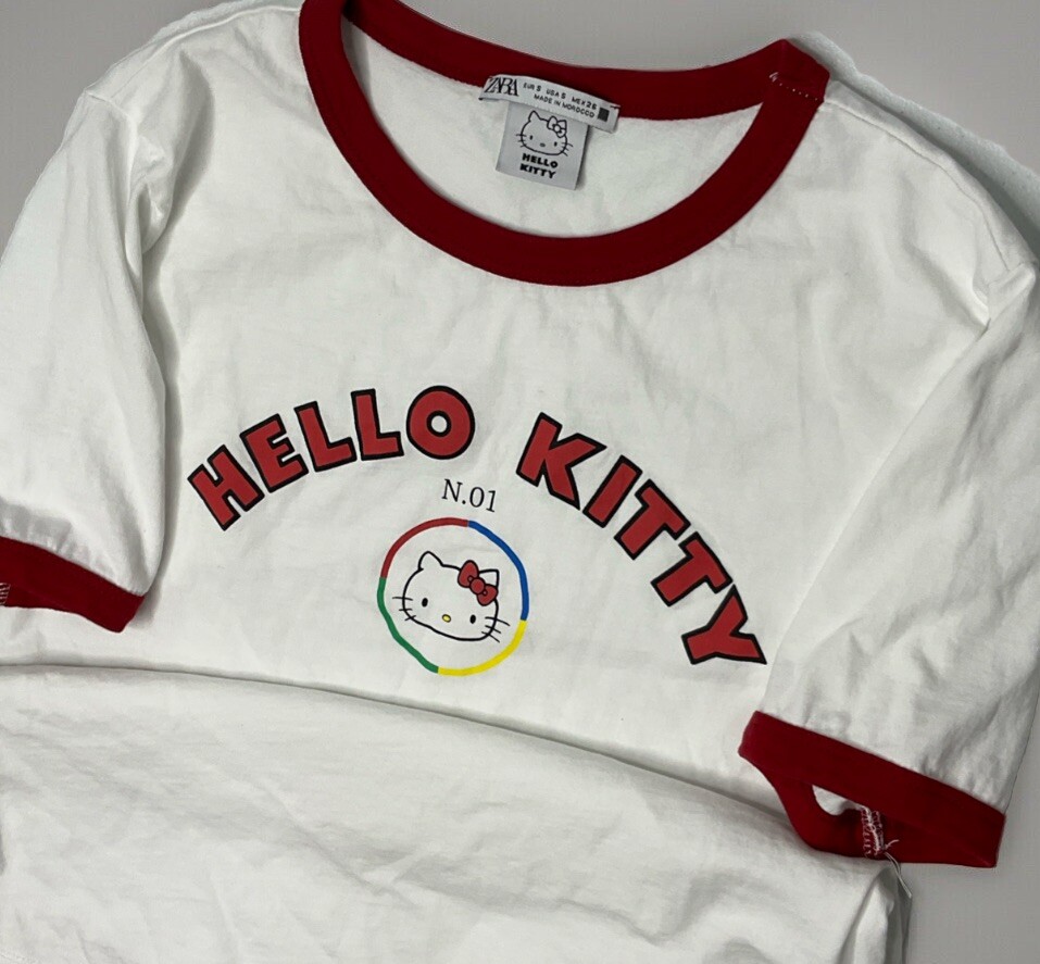 Hello Kitty x Zara Shirt Ringer Tee Graphic Logo Short Sleeve Women Sz S