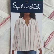 SPLENDID Linen Blend Blouse Womens XL Yoked Red White Strip V Neck Shirt Top NWT