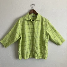 Westbound Linen Top Womens 18W Green Plaid Button Front 3/4 Sleeve Bright