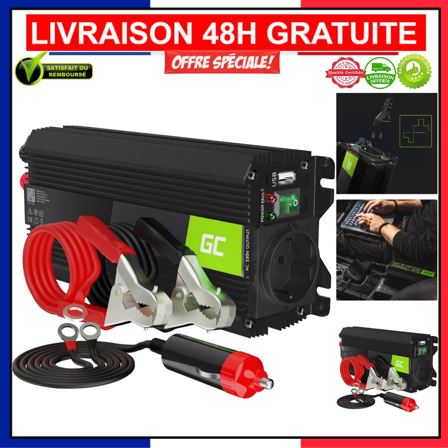 Invertisseur Green Cell 500W evite la panne de batterie de PC en voyage en 12V