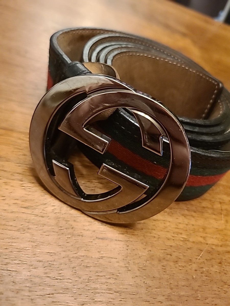 Gucci Authentic 114984 Men Belt Interlocking G Stripe Leather