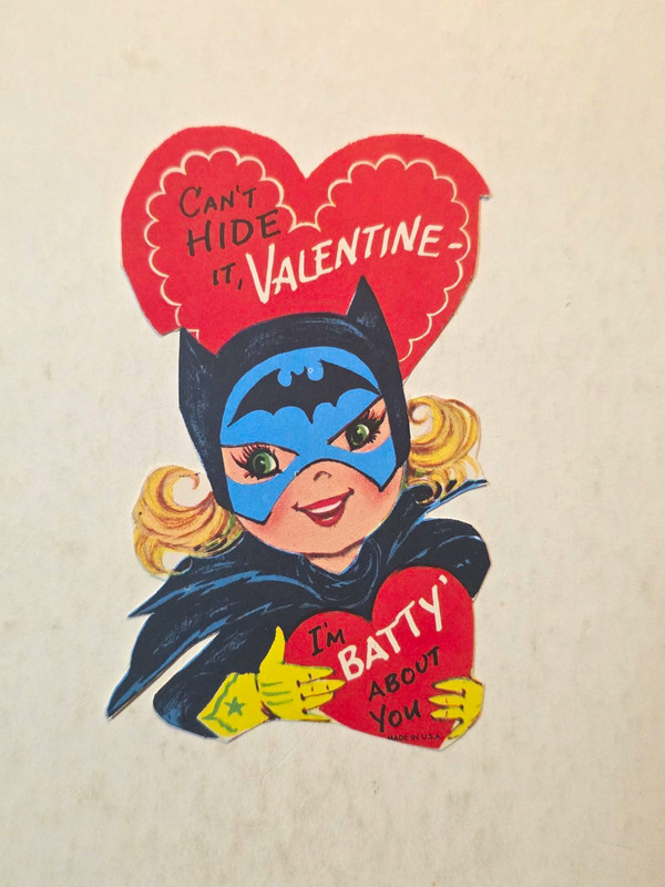 Vintage Valentine’s Day Masked Batgirl Card Cutout “Can’t Hide It, Valentine”