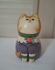 Vintage Joan de Bethel Rye Pottery cat figurine with purple outfit, VGC