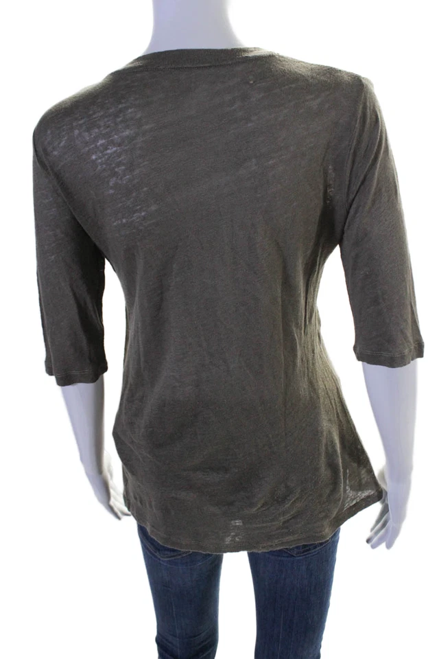 Majestic Paris Womens Linen Short Sleeve Henley Button Up Top Green Size 2 - Image 3 of 4