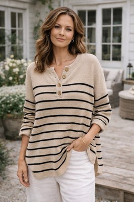 Lillusory Striped Knit Sweater Women L Cream Black Button Henley Coastal