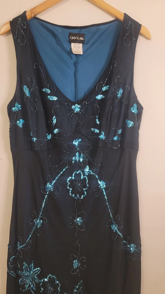 Onyx Nite Formal Dress Long 22W Beaded Sequin Layered Eveningwear Black Teal - Image 2 of 4