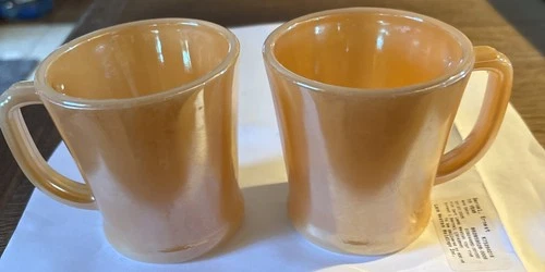 2  Fire King Mug Coffee Cup Peach Luster D Handle Vintage Pre 1962