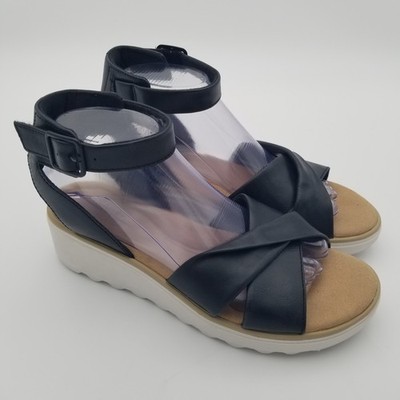Clarks Collection Women's Jillian Bella Ankle Strap Wedge Sandal Black Size 9