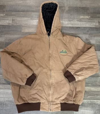 Tri Mountain Jacket Men s Sz 2XL Brown Duck Canvas Workwear Quilt Lined Hoodie