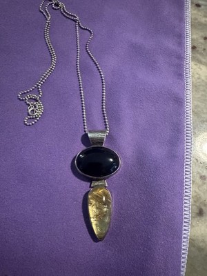 Obsidian oder Onyx Stein mit einem Rutilquarz an einer 24'' Sterling Silber Kette
