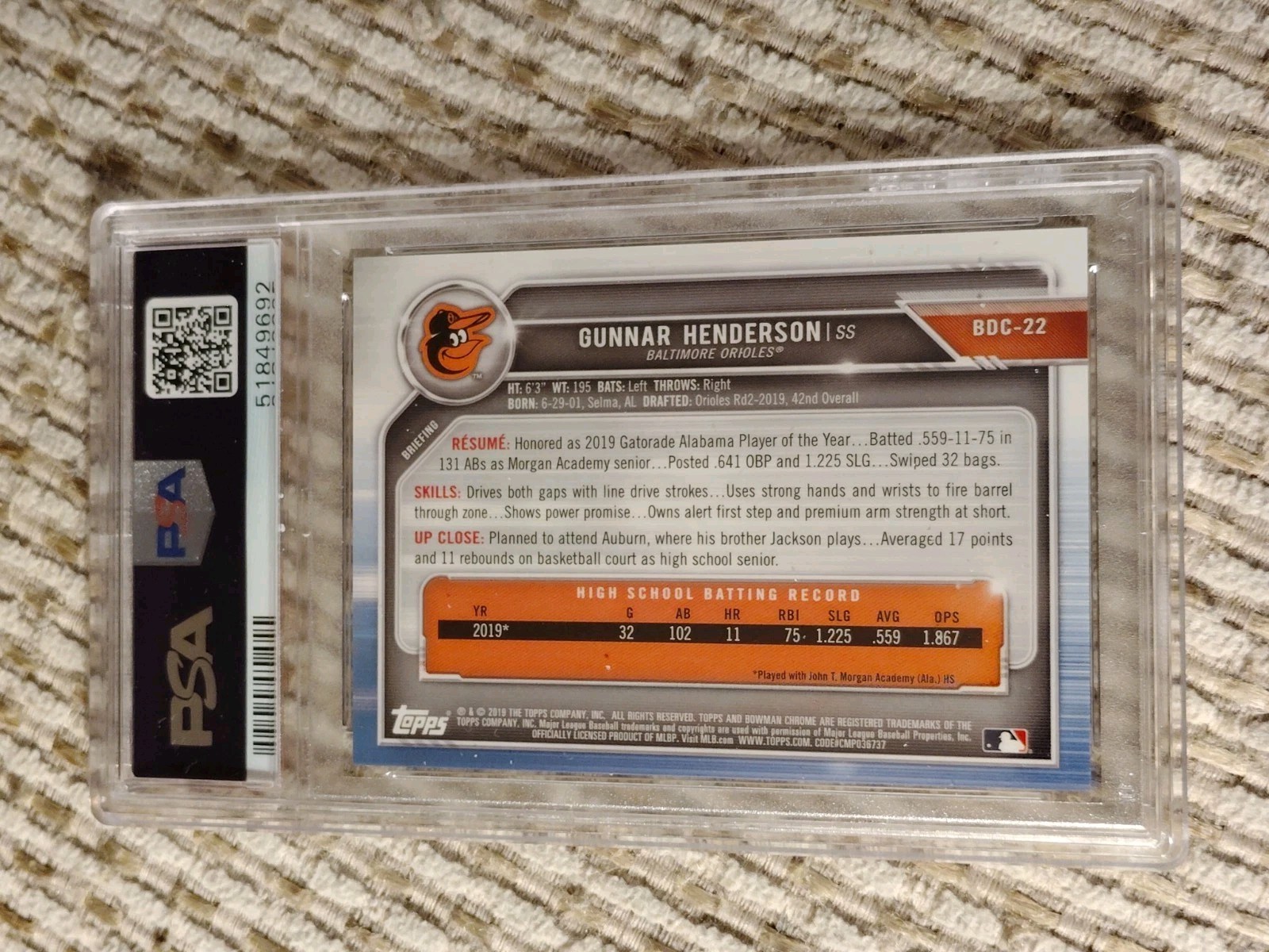 (#224/250) 2019 GUNNAR HENDERSON BOWMAN DRAFT CHROME PURPLE REFRACTOR PSA 9 RARE view 5