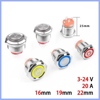 Metall Druckschalter Drucktaster KFZ LED beleuchtet 3-24V Ø 16 19 22 mm IP68 20A