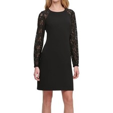 NWT Tommy Hilfiger Womens Black Lace Long Sleeve Scuba Crepe Shift Dress Size 14