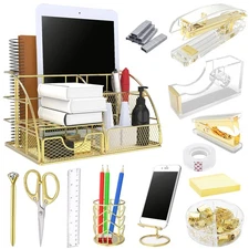 Acrylic Gold Desk Organizer 13 Pcs Office Set with Stapler Scissors and Clips